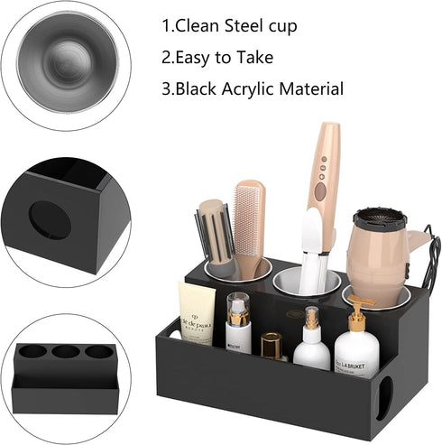 NIUBEE Hair Tool Organizer, Black Acrylic Blow Dryer and Styling Organizer, Bathroom Countertop Storage Stand