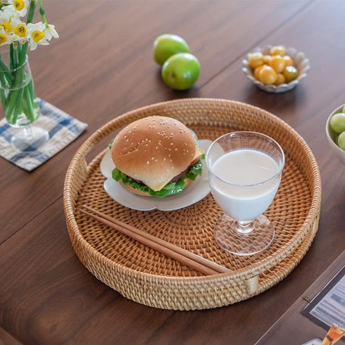 YANGQIHOME Rattan Round Serving Tray - Decorative Coffee Table Tray, Hand Woven Serving Basket with Handles