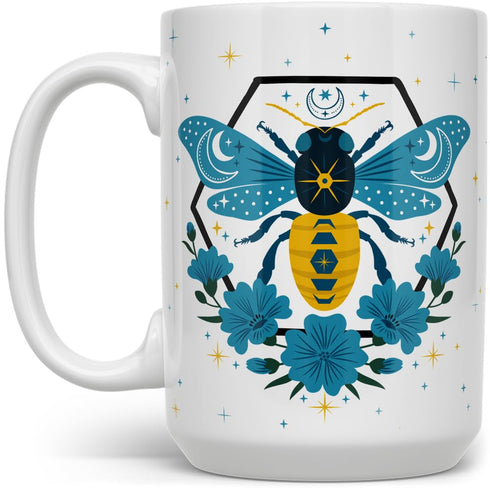 Celestial Bee Ceramic Coffee Mug - Floral Moon Stars Tea Cup, Gift for Women, Men, Friend, Coworker, 15oz