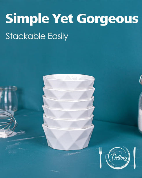 DELLING 8 oz Ramekins Set of 6, Porcelain Geometric Style for Baking Souffle, Ice Cream, Snack, Charcuterie Bowls, Oven