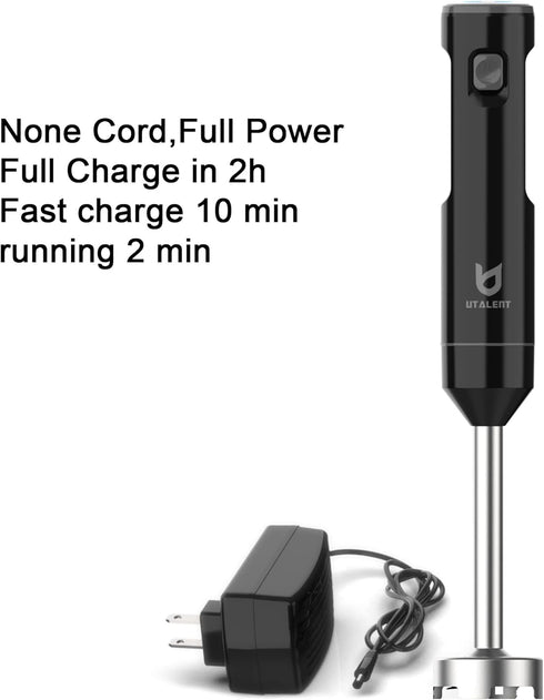 Cordless Hand Blender by UTALENT, Variable Speed Immersion Blender, Black with Fast Charger, Egg Whisk for Smoothies