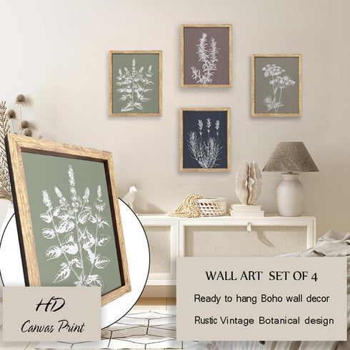 Set 4 (11x14 GUMEYJIA Boho Wall Art of Framed Herb Prints Botanical White Floral Sketches with Gray and Sage Green