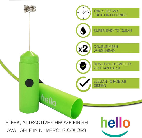 HELLO Milk Frother: Handheld Electric Foam Maker for Coffee, Lattes, and Hot Chocolate (GREEN)