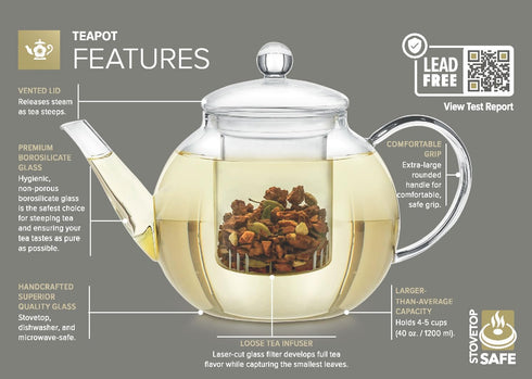 Teabloom Heatproof Borosilicate Glass Teapot (40 OZ) with Removable Loose Tea Infuser and 2 Blooming Teas