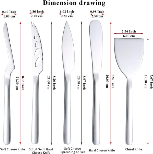 Berglander Cheese Knife Set of 5 for All Types of Cheese, Stainless Steel Cheese Cutter Slicer Ergonomic Design for Confortable Grip and Cut, Butter Spreader Knife by Berglander