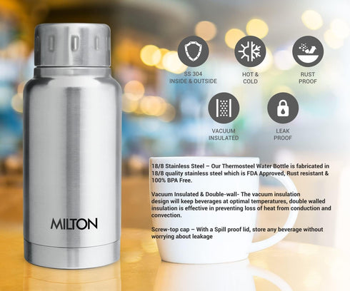 Milton Insulated Water Bottle, 5.4 oz (160 ml), Stainless Steel, Leak-Proof, Elfin 160 Silver