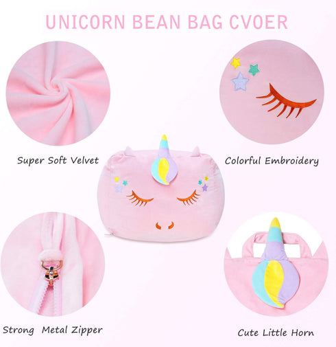 Unicorn Stuffed Animal Toy Storage, Bean Bag Chair Cover ONLY, Velvet Soft Organization for Kids Blankets, Pink
