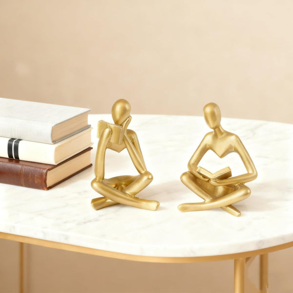 Set of 2 Gold Reading Women Statues, Thinker Sculptures Abstract Art Figurines,