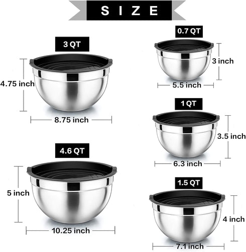P&P CHEF Set of 5 Stainless Steel Mixing Bowls with Black Lids, Nesting Salad Mix Bowl for Mixing, 4.6, 3, 1.5, 1, 0.7