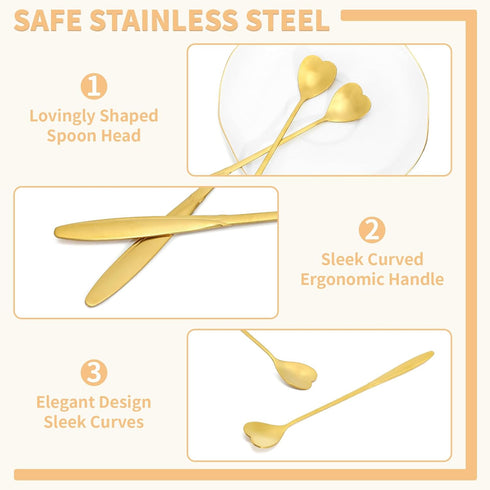 16 Pieces Gold Heart Shaped Spoon Set, 7 Inch Stainless Steel Coffee Teaspoons for Stirring Ice Cream