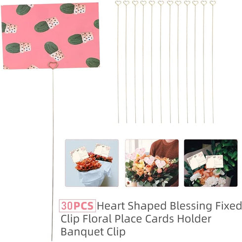 Tinsow 30 Pcs Metal Floral Place Card Holder, 13.4 Inch Heart Shape Flower Picks Clip for Floral Arrangement, Golden