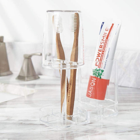 Countertop mDesign Modern Plastic Bathroom Vanity Toothpaste & Toothbrush Holder Stand with Rinsing Cup/Cover - Dental