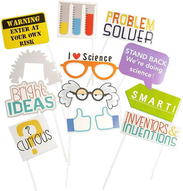 12Pcs Science Photo Booth Props with Stick, Mad Scientist Selfie Props for Chemistry Laboratory Party Supplies