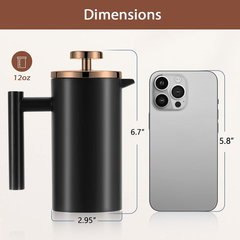 Black French Press Coffee Maker 12oz, Stainless Steel Insulated Coffee Press with Rose Gold Lid, 2 Extra Screens & 1