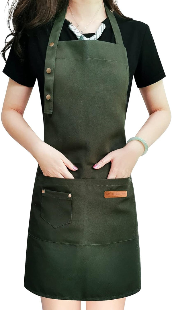 Waterproof Green Canvas Cotton Cooking Kitchen Chef Bib Aprons, Adjustable Straps, Large Pockets for Men Women