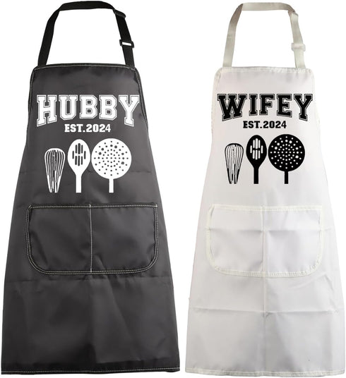 MBMSO Hubby Wifey Cooking Aprons Set, Est.2024 Wedding Gift for Newlywed Couples