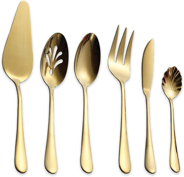 Berglander Stainless Steel Titanium Plated Flatware Serving Set, 6 Pieces, 45 Pieces Flatware with 1 Cake Server