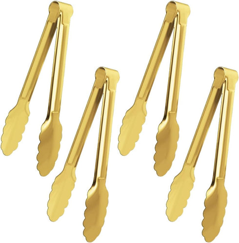 4 Pack Gold Serving Tongs, XEVOM Stainless Steel Buffet Tongs, 9 Inch Salad Serving Utensils