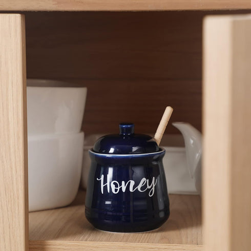 Set 12oz,Easy HAOTOP Farmhouse Porcelain Honey Jar with Dipper and Lid to Clean (Navy)