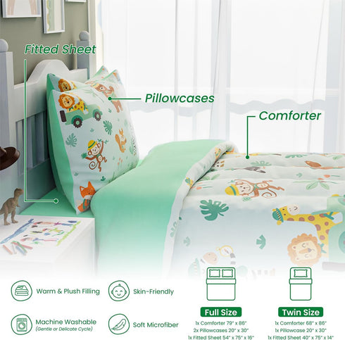 Set 98x86in 4 Set 1 2 1 SANDJEST Jungle Animal Comforter Full Size for Kids Boys, Microfiber Pcs Bedding Includes