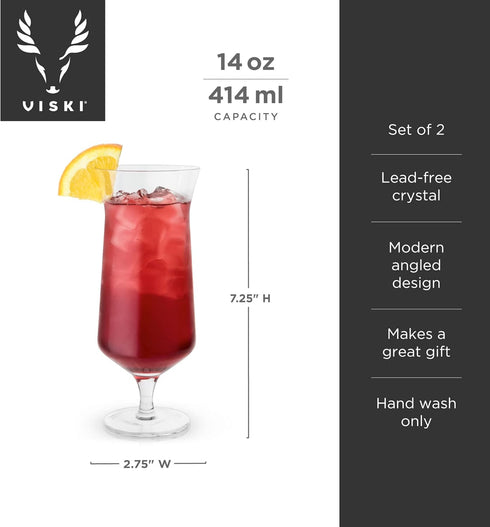 "Viski Raye 14oz Hurricane Glasses Gift Set of 2, Clear Crystal Glasses for Pina Coladas and Tropical Cocktails"