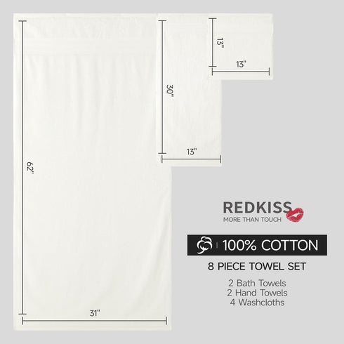 8 Set 100% Set 2 2 4 600 Sets, REDKISS Piece Off White Towels - Cotton Towels with Large Bath Towels, Hand, Washcloths