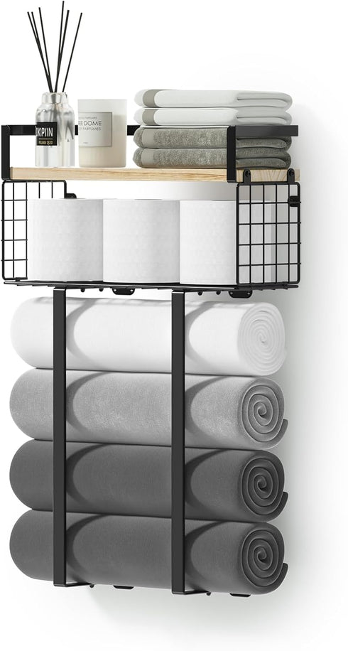 Bathroom Towel Racks, Metal Towel Holder with Storage Basket, Wall Rack for Rolled Towels, Small Bathroom Shelves.