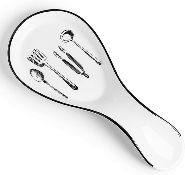 Large Porcelain Spoon Rest, Utensil Holder for Kitchen Counter, Stove Top, Dishwasher Safe, White Color