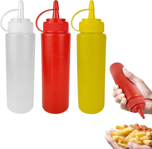 ICSTM 3 Pcs Plastic Squeeze Sauce Bottles with Nozzle Caps,250Ml/8.5Oz Reusable Squeeze Condiment