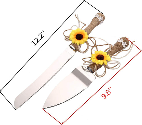 TANG SONG Rustic Wedding Cake Knife and Serving Set, Sunflower Burlap Lace, Set of 2