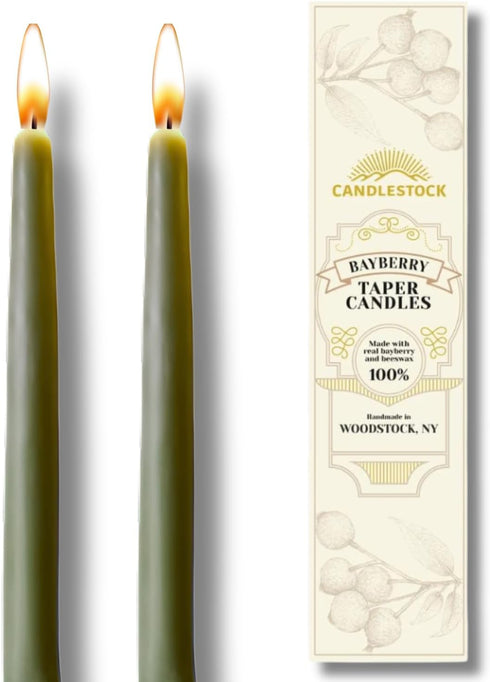 Candlestock 8 Inch Real Bayberry Taper Candle Pair, Pure Bayberry and 100% USA Beeswax Blend, Dripless