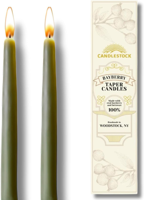 Candlestock 8 Inch Real Bayberry Taper Candle Pair, Pure Bayberry and 100% USA Beeswax Blend, Dripless