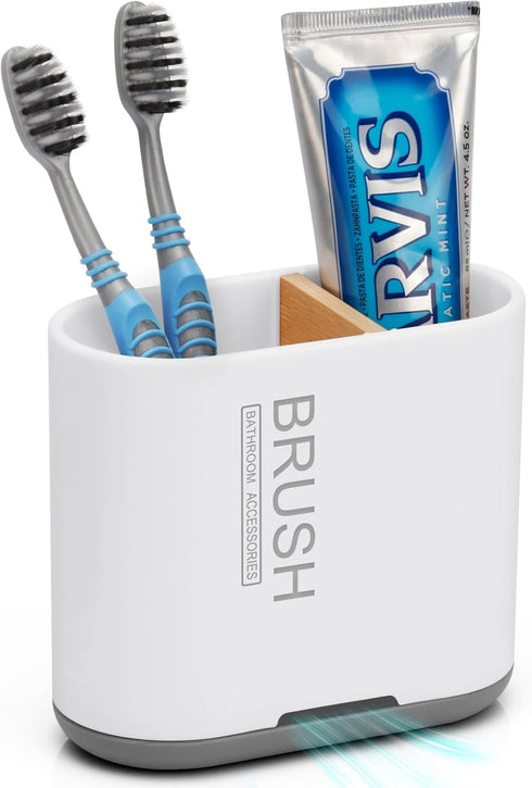 Toothbrush and Toothpaste Holder with Bamboo Divider for Bathroom Countertop Organizer, 2 Slots for Family (White)