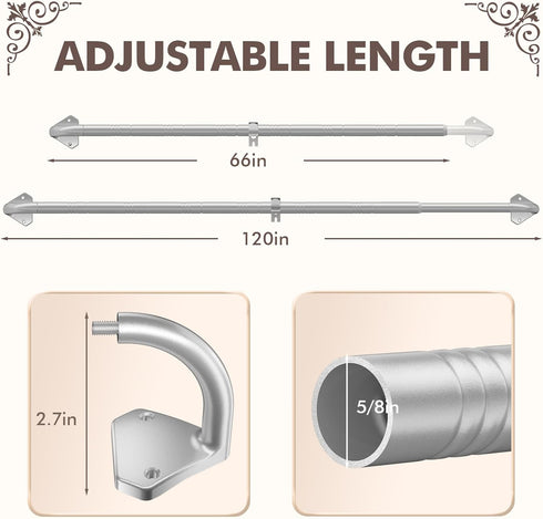 Silver Curtain Rods for Windows, Adjustable 48 to 84 Inch Blackout Curtain Rod, 5/8 Inch Diameter Wrap Around