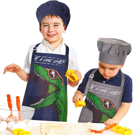 MHJY Kids Apron and Chef Hat for Boys, Dinosaur Child Aprons with Pockets for Cooking Baking Painting