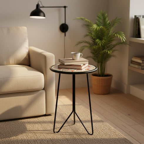 Table,12" LIFFY Outdoor Metal Side Small Outdoor Accent Table with Glass Top,Indoor Round Home Decorative End