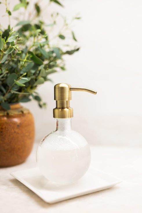 Rail19 Moon Round Recycled Glass Soap Dispenser with Metal Pump, 8.5oz, Brass