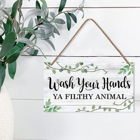 LHIUEM Wash Your Hands Ya Filthy Animal Sign, Funny Bathroom Wooden Hanging Wall Art, Green Plant Wood Plaques for Home