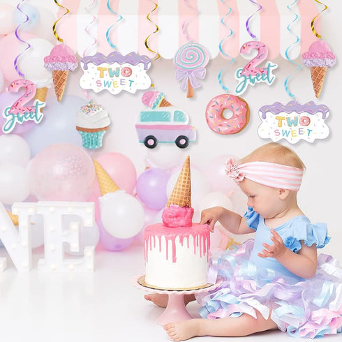 Pastel Ice Cream Two Sweet 2nd Birthday Party Supplies, Ice Cream Donut Hanging Streamers for Summer Party