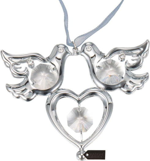 Matashi Chrome Plated Crystal Studded Silver Love Doves Birds Ornament with Heart, Romantic Gift for Christmas
