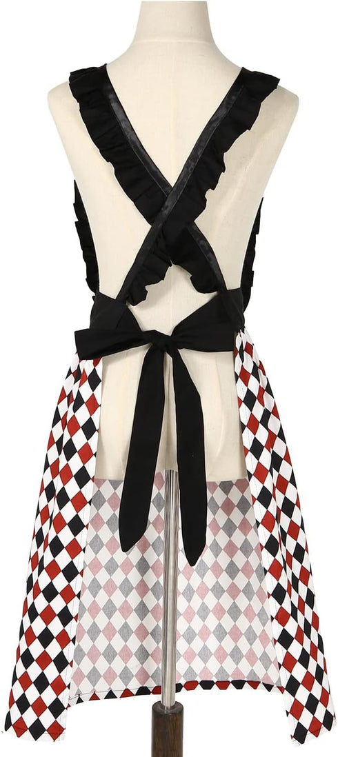 Violet Mist Cotton Linen Apron, Women Cross Back Apron with Pockets, Vintage Black and Red Argyle Pinafore Dress