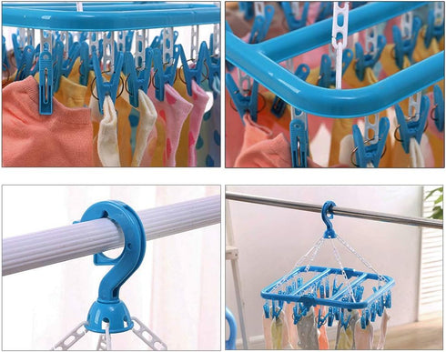 SteelFever Clothes Drying Hanger, Foldable Drying Rack with 32 Clips for Clothes, Underwear, Socks (Blue)