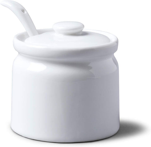 WM Bartleet & Sons 1750 T165 Traditional Porcelain Sugar/Jam/Mustard Pot with Lid & Spoon, 24 oz, White