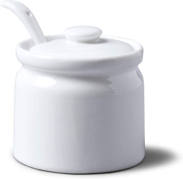 WM Bartleet & Sons 1750 T165 Traditional Porcelain Sugar/Jam/Mustard Pot with Lid & Spoon, 24 oz, White