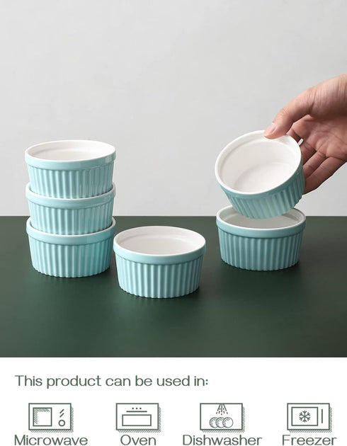 DOWAN Ramekins Set of 6, 4 oz Porcelain Ramekins for Baking Souffle, Oven Safe, Classic Style, Blue