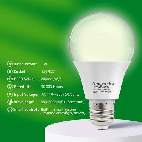 Bulbs 4500K, A21/A70 E26/E27 9W Dimmable Bulbs 2 Pack Smart LED Grow Light with Remote Controller, Sun Mode, Built