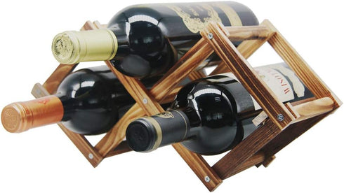 Foldable Wooden Wine Bottle Holder, Free Standing Natural Wine Rack for 2 Slots, Holds 3 Bottles