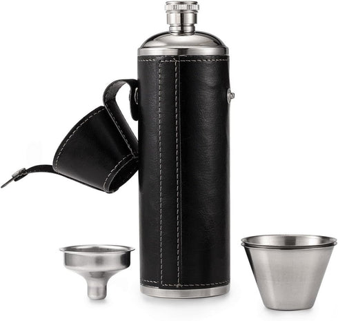 GENNISSY 10oz Black Bucket Hip Flask, PU Leather Stainless Steel, Liquor Flask with Funnel and Cups
