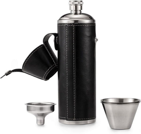 GENNISSY 10oz Black Bucket Hip Flask, PU Leather Stainless Steel, Liquor Flask with Funnel and Cups