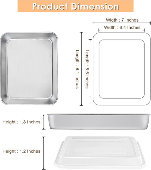 E-far Small Baking Pan with Lid, 9.4” x 7” x 2” Stainless Steel Bakeware for Cakes, Brownies, Casseroles - Set of 2